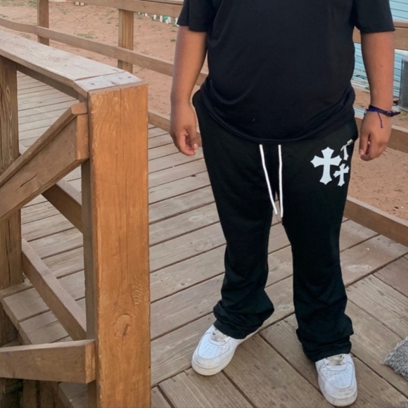 NWT Men's Trendy Black Flare Pants With 3 Crosses Printed by the pockets Size M - Picture 6 of 8